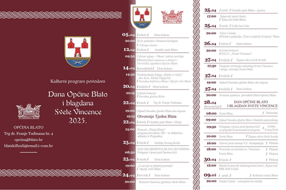 Program obilježavanja Dana Općine Blato i blagdana nebeske zaštitnice Svete Vincence 2025. godine