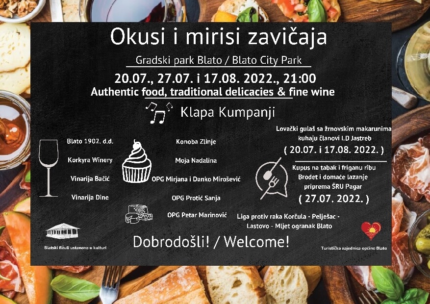 Okusi i mirisi zavičaja Blato Wine & Dine/ 20.07.2022., 27.07.2022. i 17.08.2022. u 21:00 h
